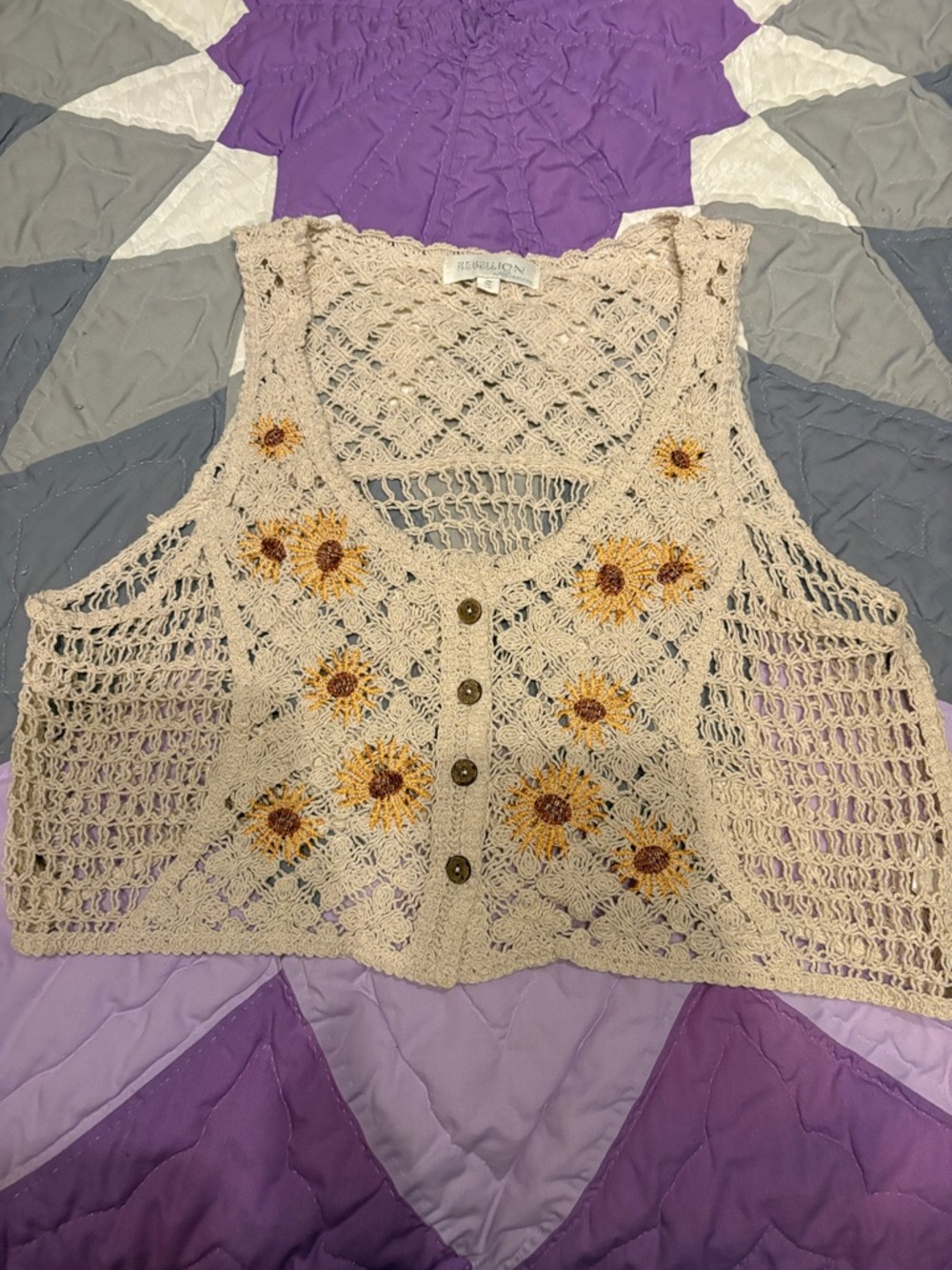 Rebellion Cream Crochet Sunflower Button Vest
